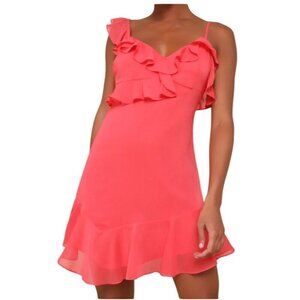 Lulus Tiered Hem Asymmetrical Dress Size XL Coral Pink Boho Chic Chiffon Ruffle